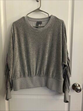 Sweaty Betty Retake Gray Velour Crewneck Sweatshirt with Ruched Sleeves
